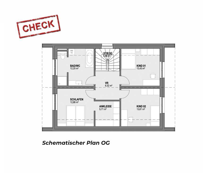 Grundriss des Obergeschosses mit drei Schlafzimmern, einem Badezimmer und einer Ankleide.