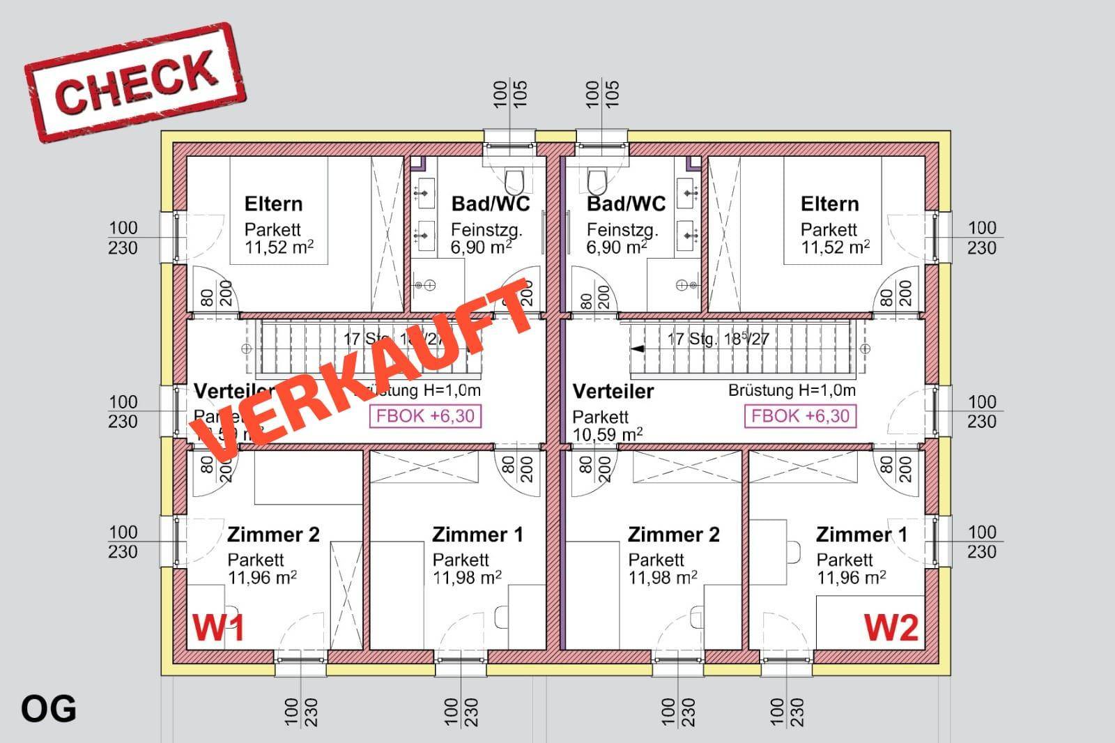 Grundriss des Obergeschosses mit Schlafzimmern, Bädern und Fluren für zwei Wohneinheiten.
