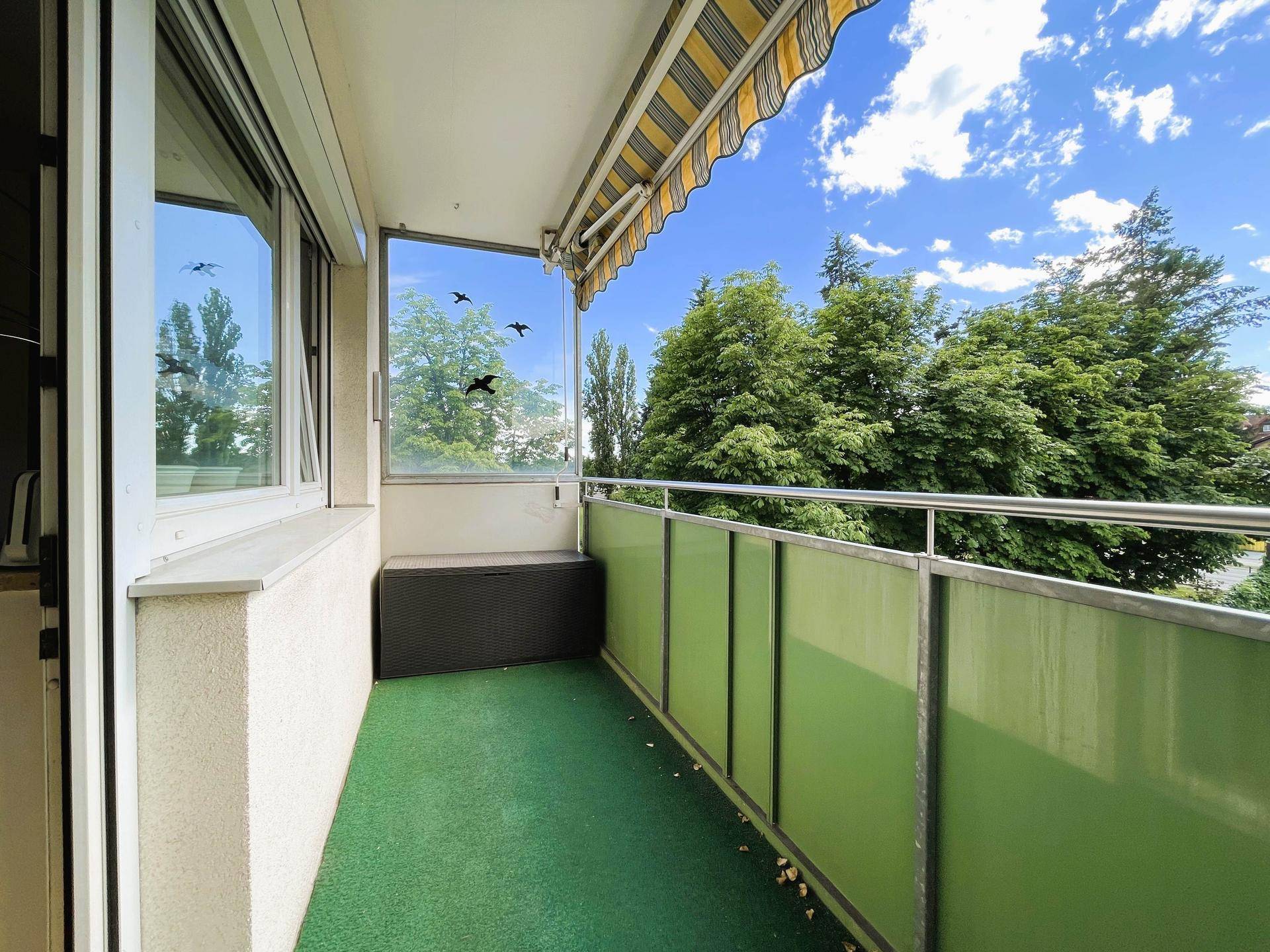 Balkon mit Kunstrasen und Markise, bietet einen schönen Blick ins Grüne.