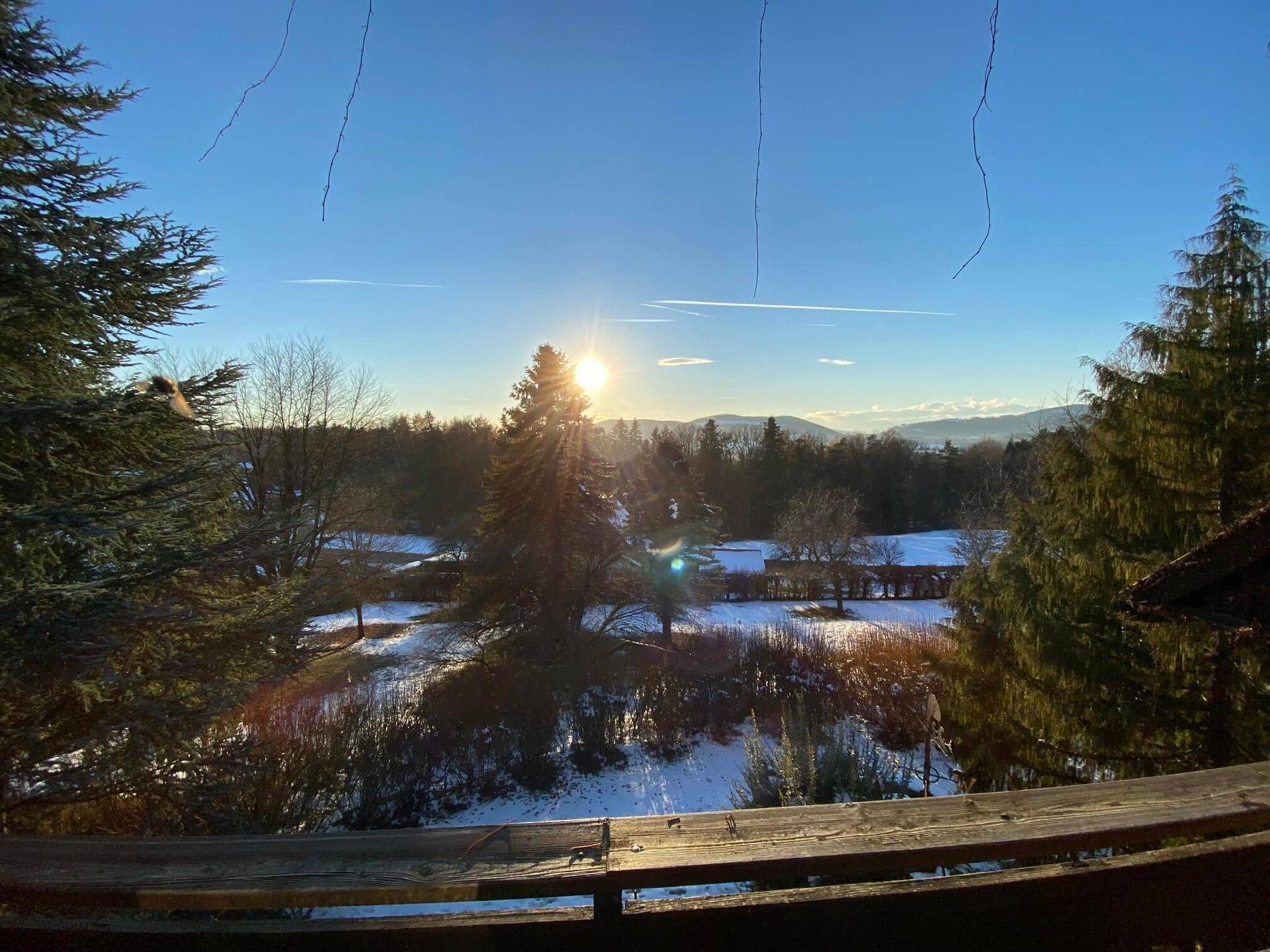 Sonnenuntergang über einer verschneiten Landschaft mit Bäumen und Bergen im Hintergrund.