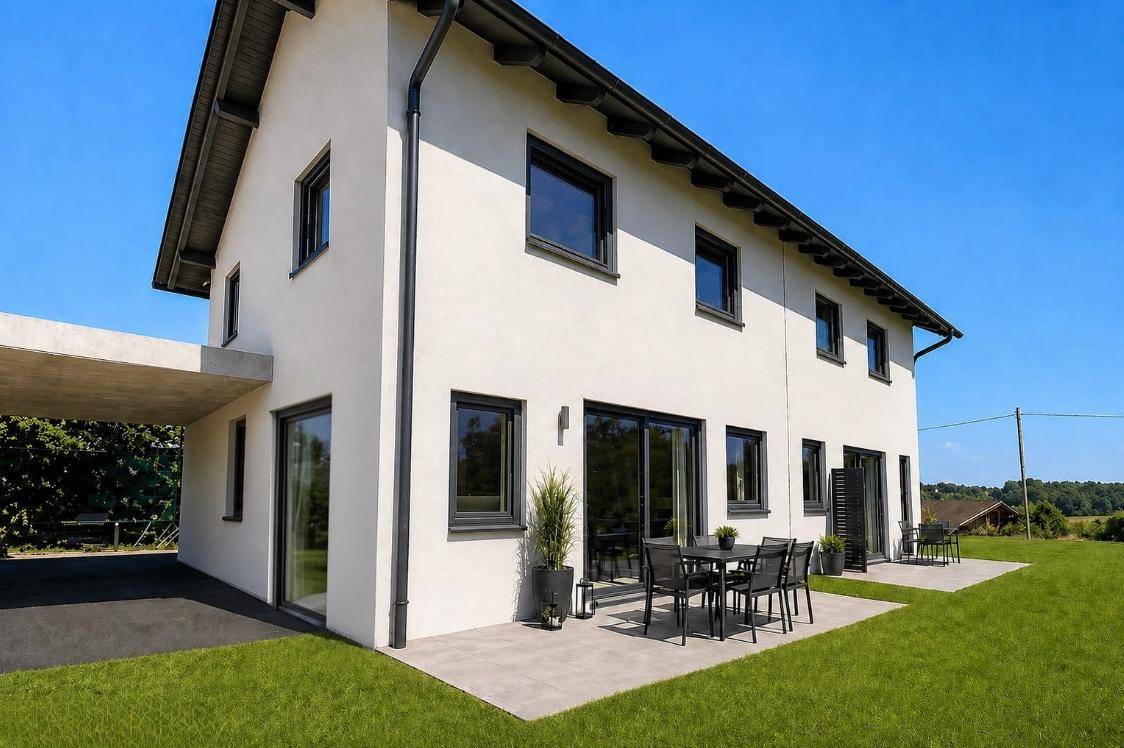 Helle Doppelhaushälfte mit moderner Architektur, großzügiger Terrasse und angrenzendem Gartenbereich.