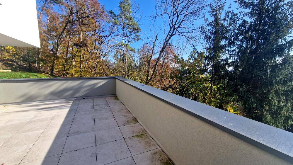 Terrasse mit Blick ins Grüne und umgebenden Bäumen unter blauem Himmel.