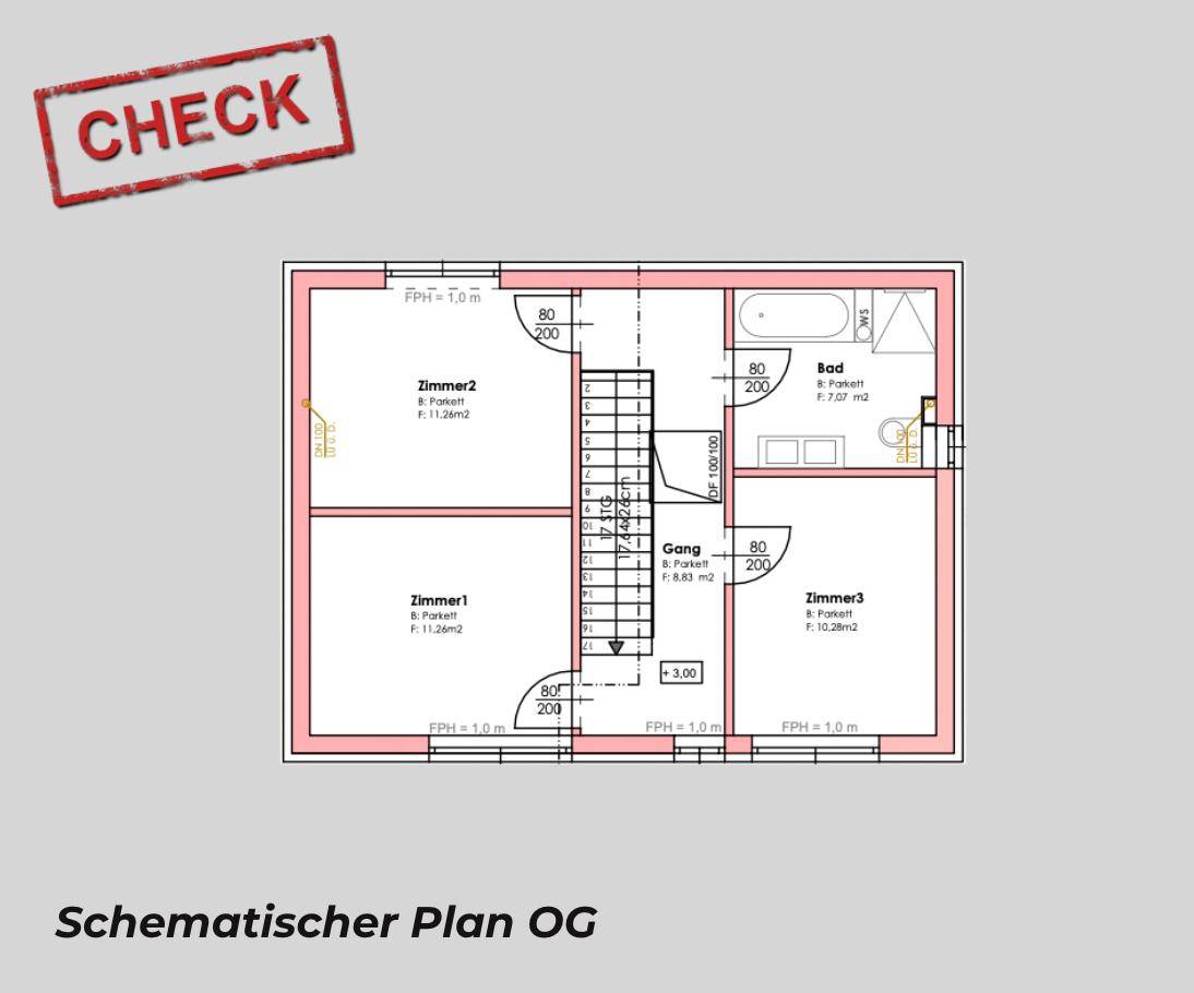 Schematischer Grundriss des Obergeschosses mit drei Schlafzimmern und einem Badezimmer.