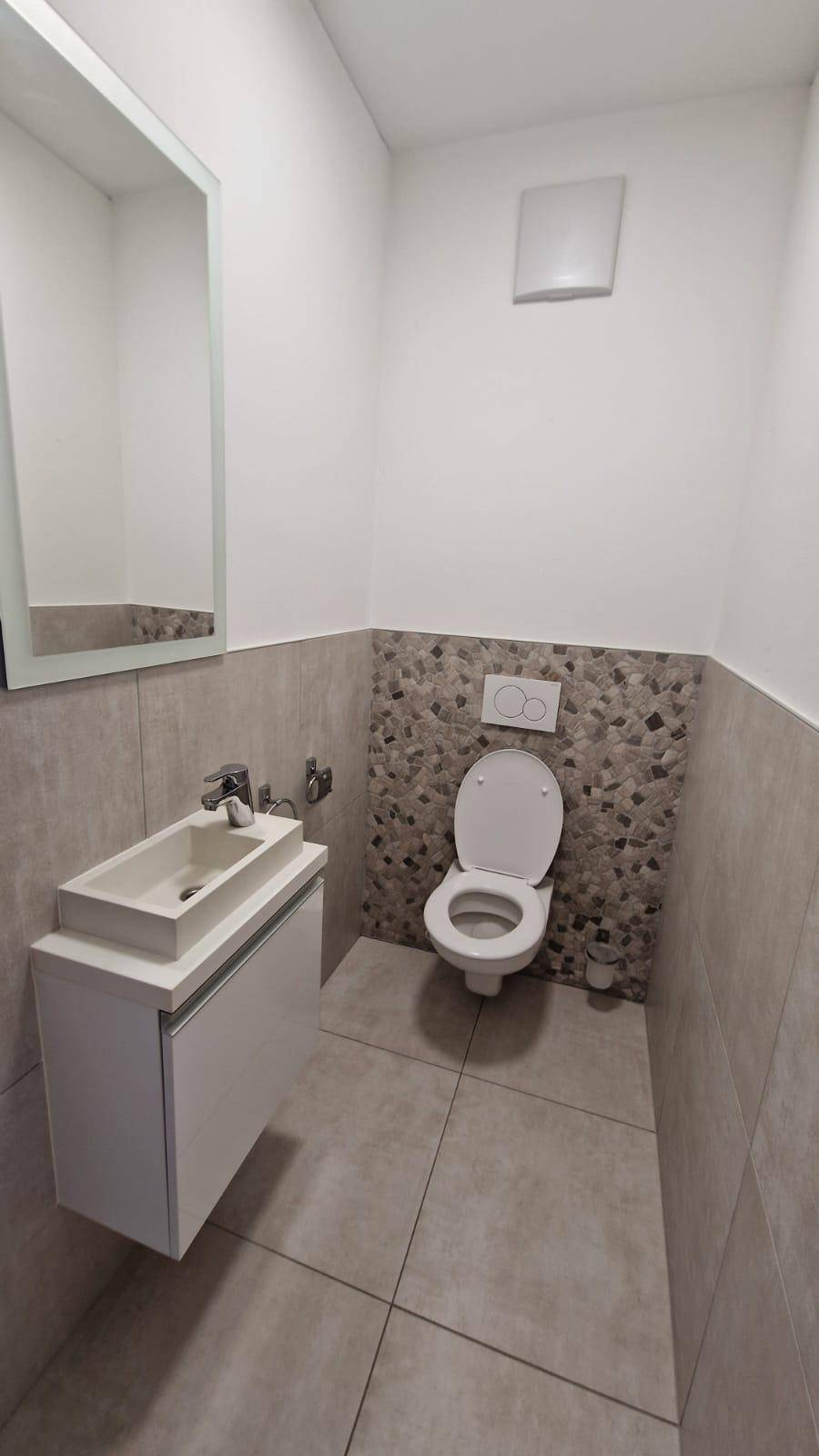 Modernes Gäste-WC mit Wand-WC, kleinem Waschbecken und stilvollen Fliesen.