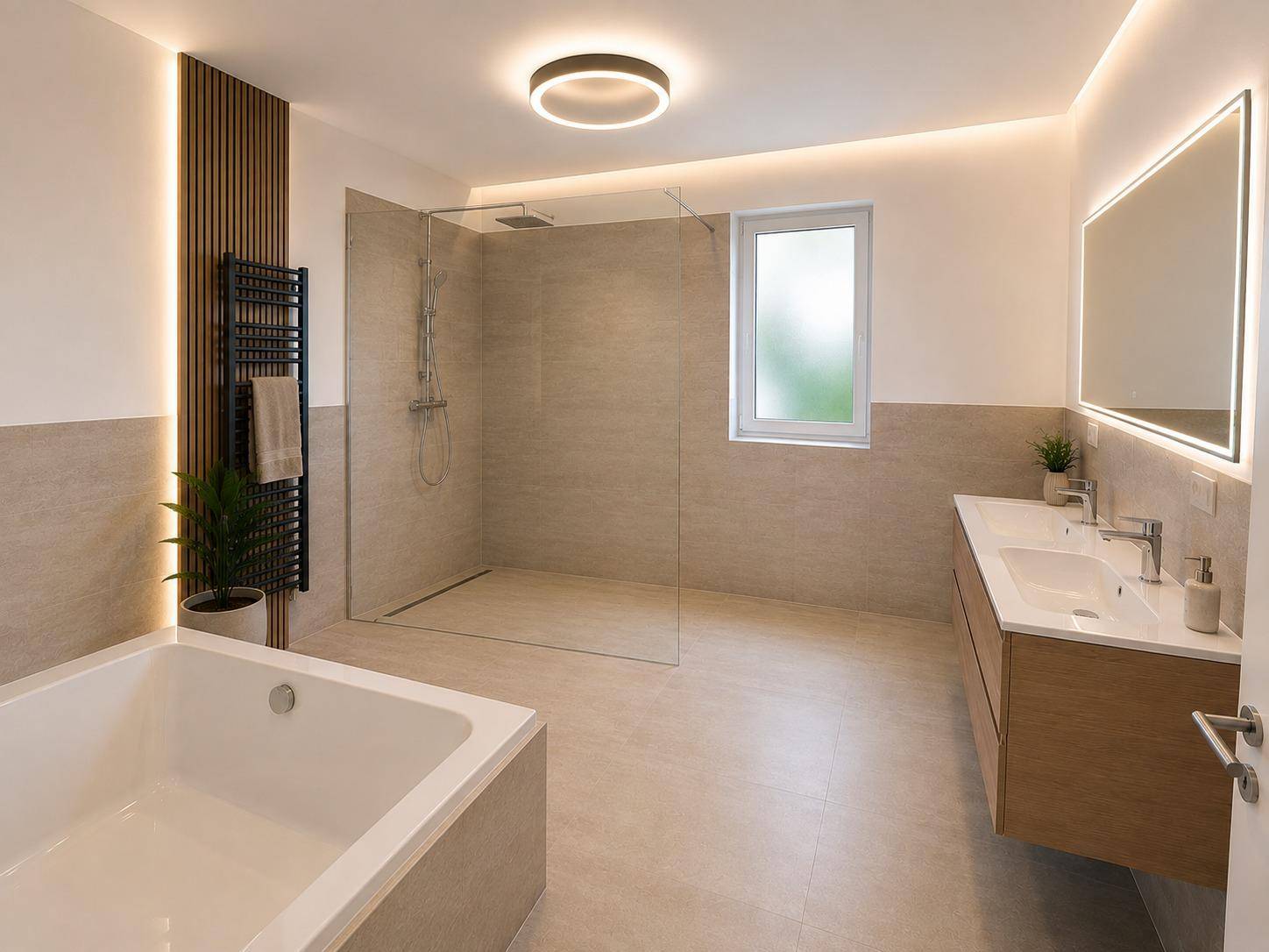 Modernes Badezimmer mit Badewanne, ebenerdiger Dusche, Doppelwaschbecken und Fenster.