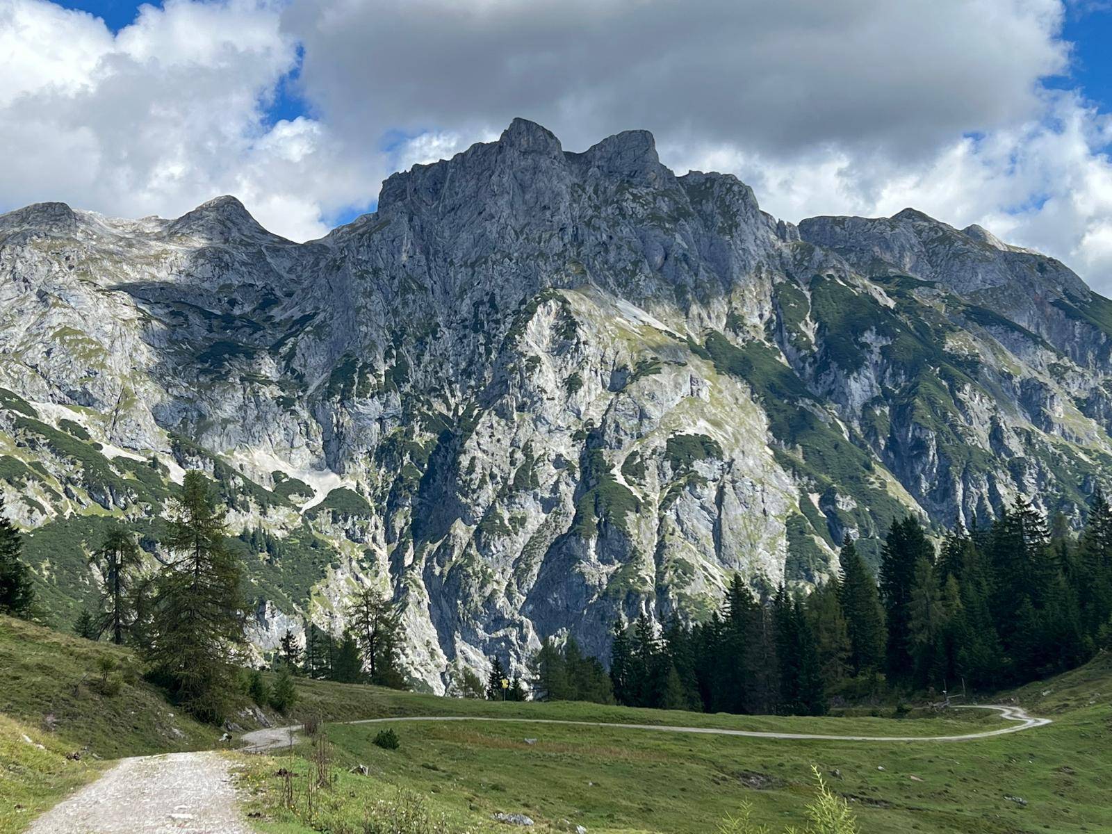 Majestätische Felsformationen eines Berges mit bewaldeten Hängen und einem Wanderweg im Vordergrund.