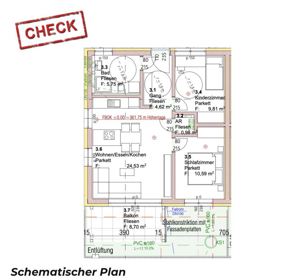 Schematischer Grundriss einer Wohnung mit offenem Wohnbereich und Balkon.
