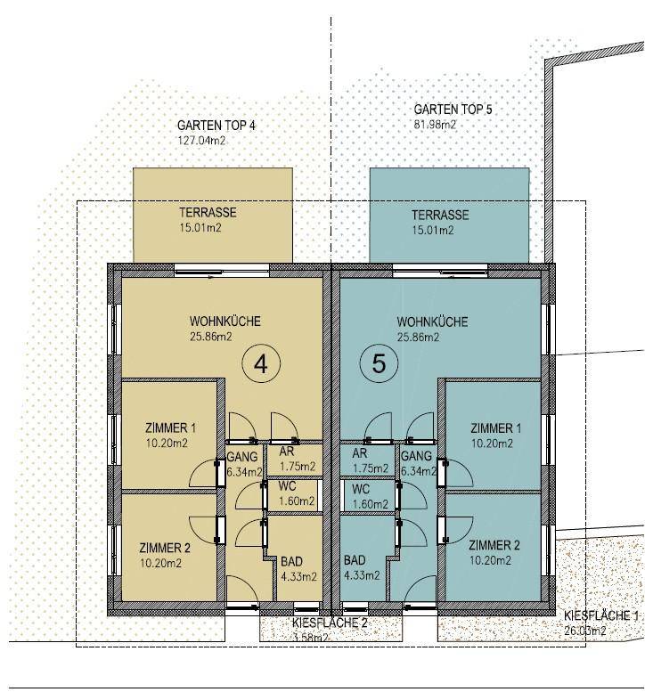 Grundrissplan für zwei Doppelhaushälften mit offener Wohnküche, zwei Zimmern, Bad und Terrasse.