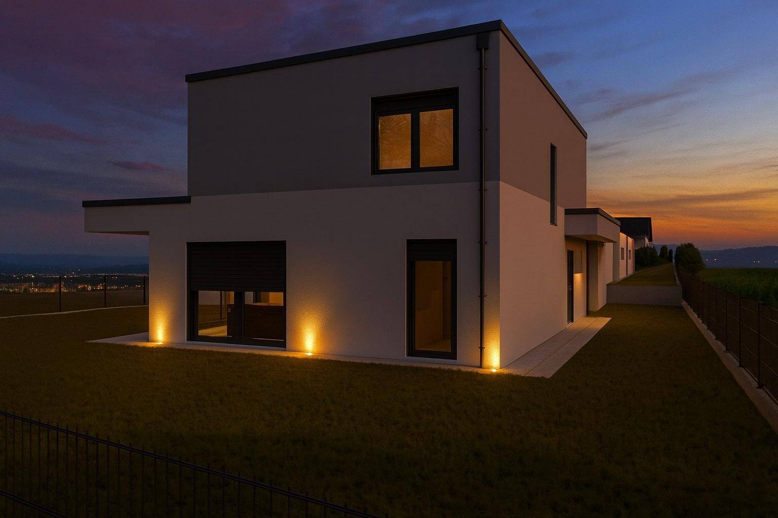 Rückansicht der modernen Doppelhaushälfte mit Gartenbereich und beleuchteter Fassade bei Nacht.