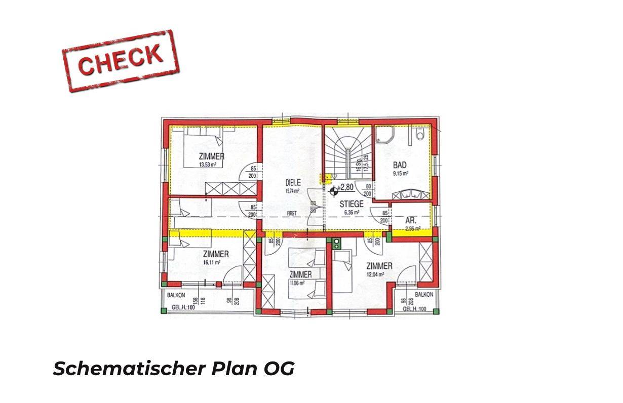 Schematischer Grundriss des Obergeschosses mit mehreren Zimmern, Bad und Balkonen.