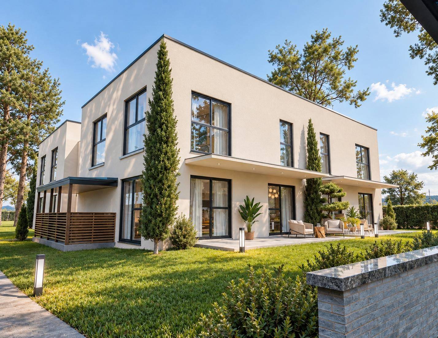 Stilvolle Doppelhaushälfte mit moderner Architektur, großzügigem Garten und sonniger Terrasse.