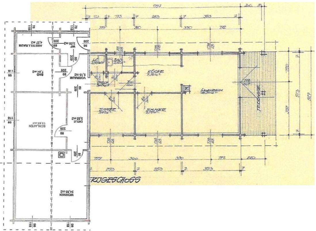 Detaillierter Grundriss des Erdgeschosses mit Küche, Bad, Schlaf- und Wohnbereichen.
