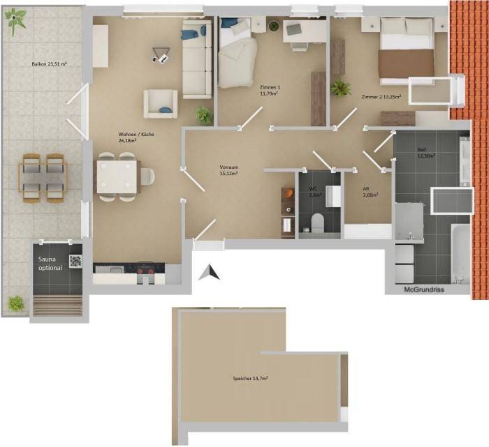 Detaillierter Grundriss einer Wohnung mit zwei Schlafzimmern, offenem Wohnbereich und Balkon.