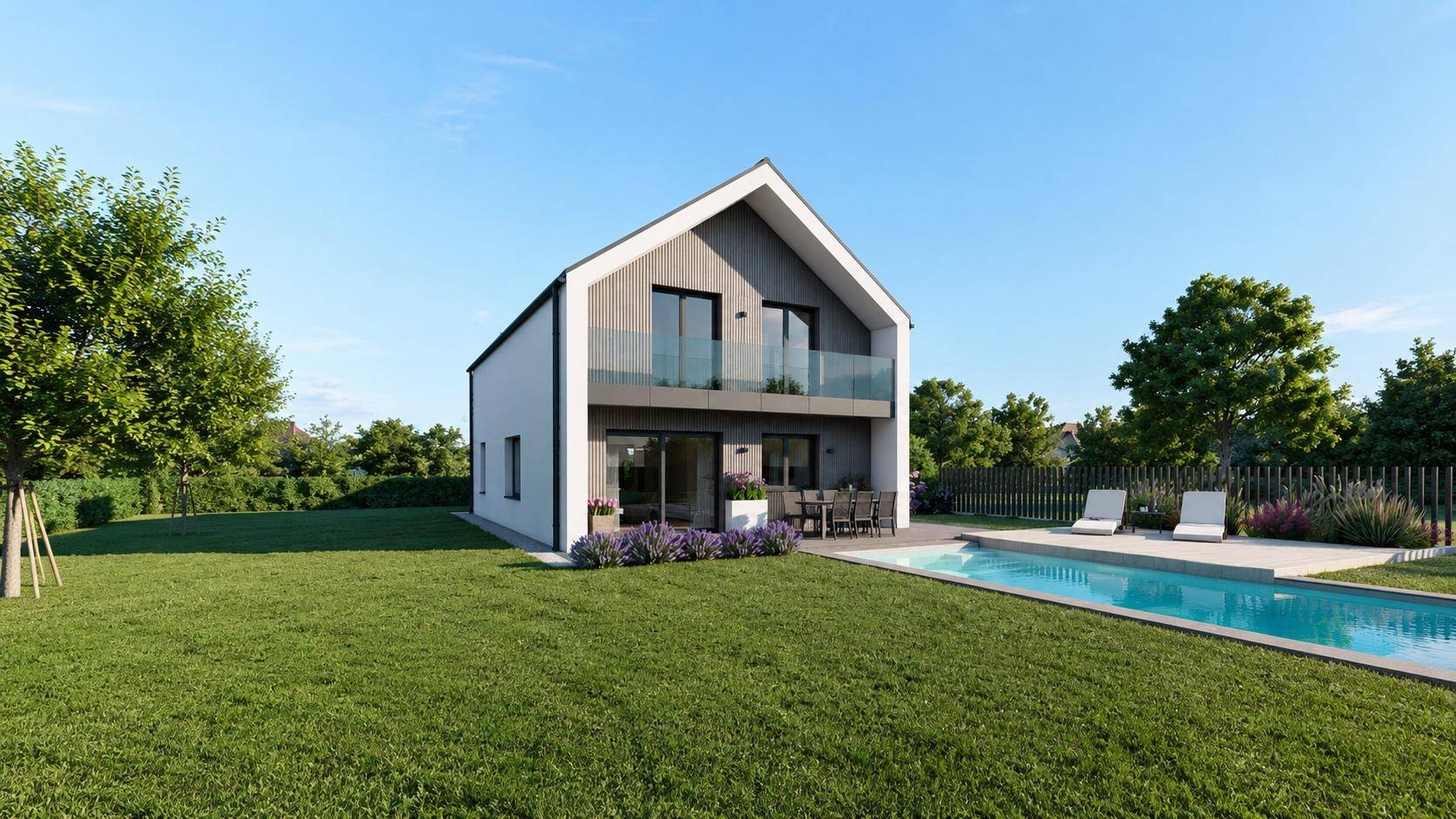 Modernes Einfamilienhaus mit Pool, großer Terrasse und gepflegtem Garten. Die zeitgenössische Architektur fügt sich harmonisch in die grüne Umgebung ein.