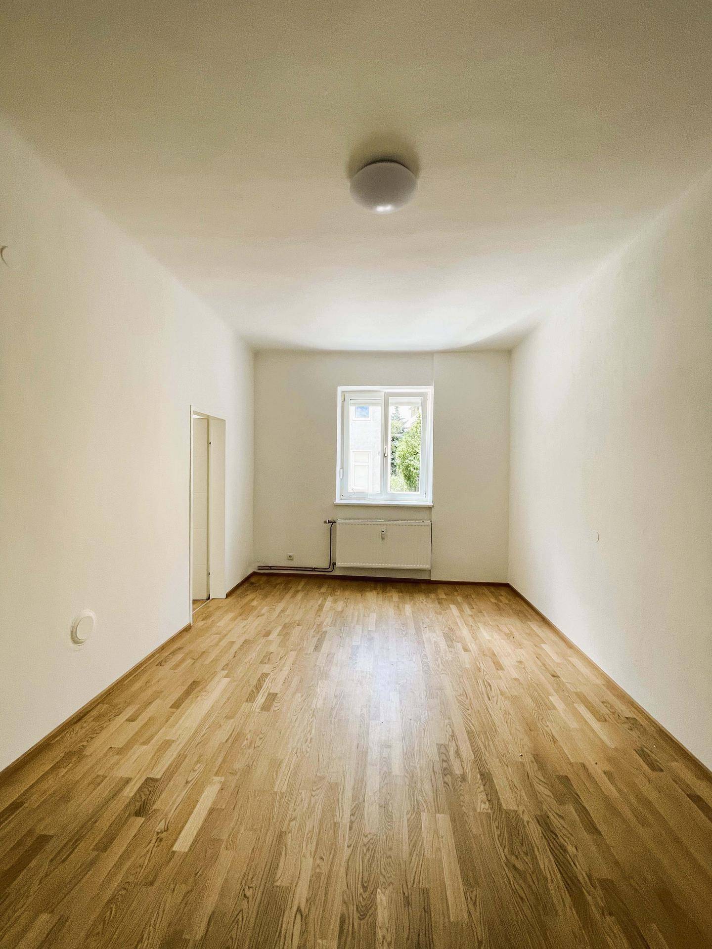 Lichtdurchfluteter Raum mit hellem Parkettboden, weißen Wänden und einem großen Fenster.