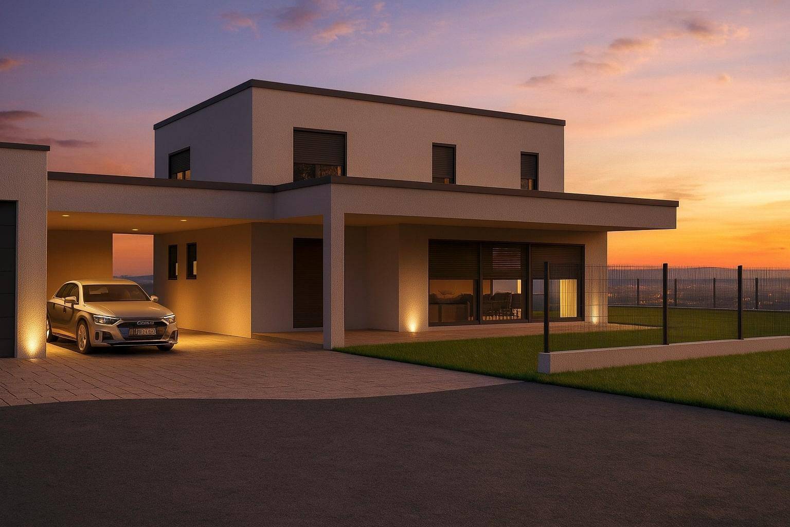 Moderne Architektur der Neubau-Doppelhaushälfte mit beleuchtetem Eingangsbereich bei Sonnenuntergang.