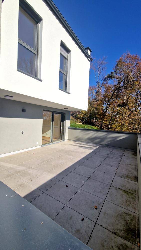 Geflieste Terrasse am Haus mit Zugang zu Innenräumen und umgeben von Bäumen.
