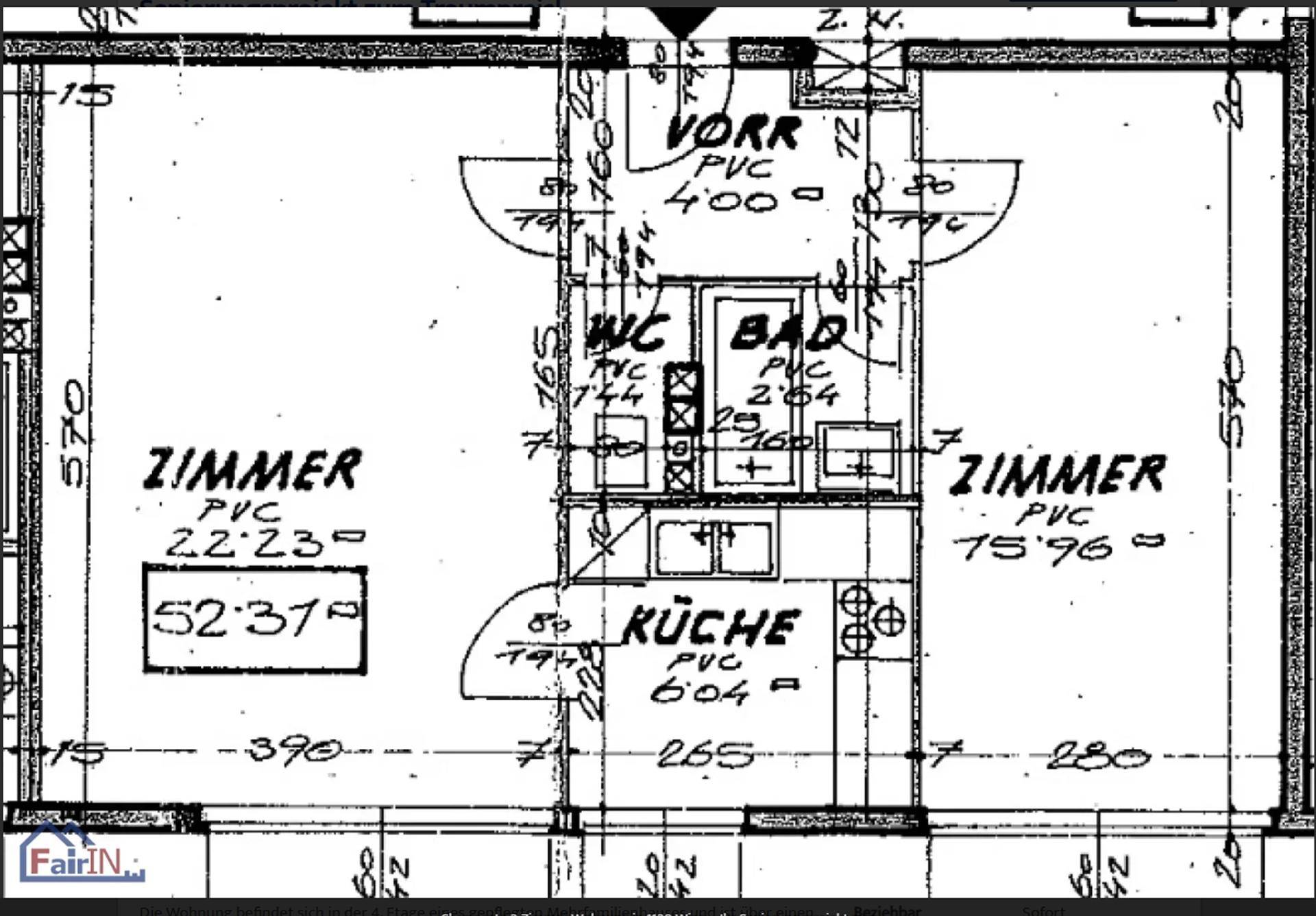 Detaillierter Grundriss einer Wohnung mit Zimmern, Küche, Bad und WC, inklusive Maßangaben.