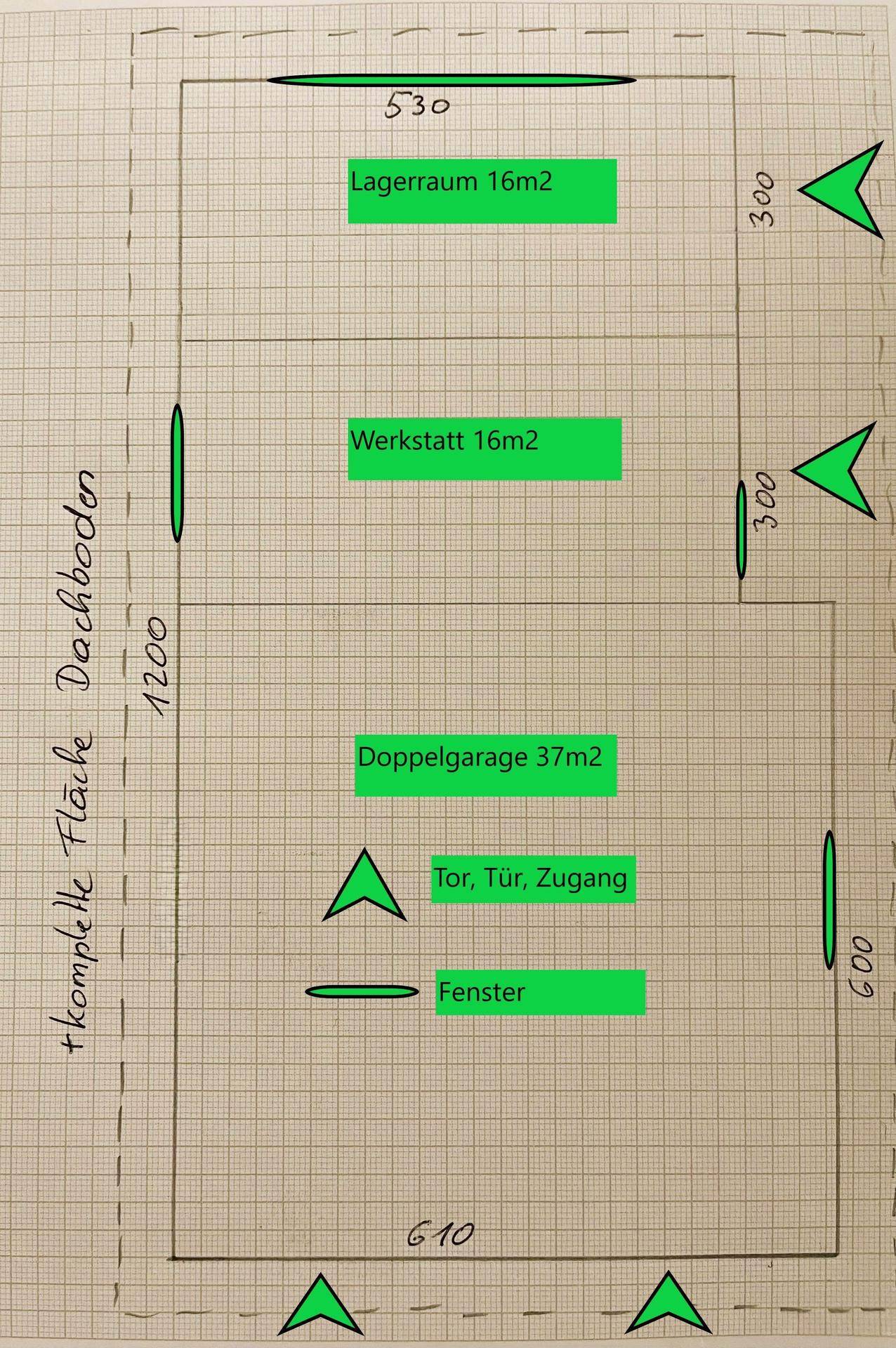 Detaillierter Plan mit Lagerraum, Werkstatt und Doppelgarage, inklusive Maßen.