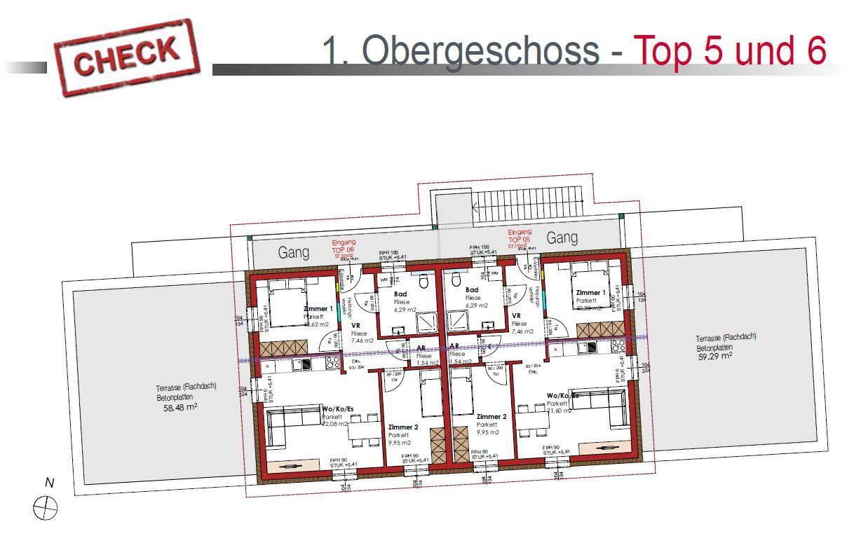 Grundriss des ersten Obergeschosses mit zwei Wohnungen, Terrassen und mehreren Zimmern.