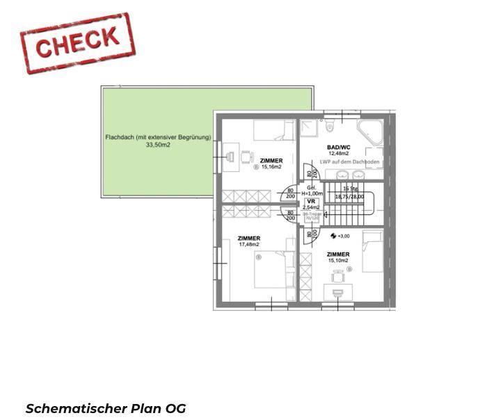 Grundriss des Obergeschosses mit drei Schlafzimmern, Badezimmer und Flachdach mit Begrünung.