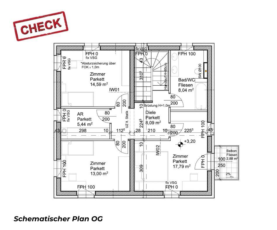 Grundriss des Obergeschosses mit mehreren Zimmern, Bad und Zugang zu einem Balkon.