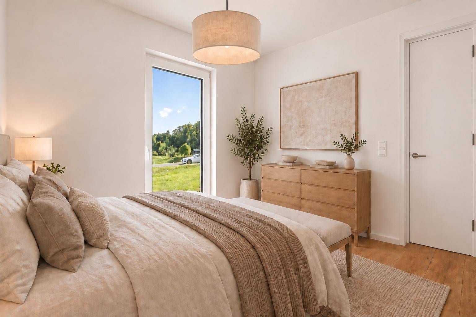 Helles Schlafzimmer mit beigem Bett, Holzmöbeln und Fenster mit Blick auf die Landschaft.