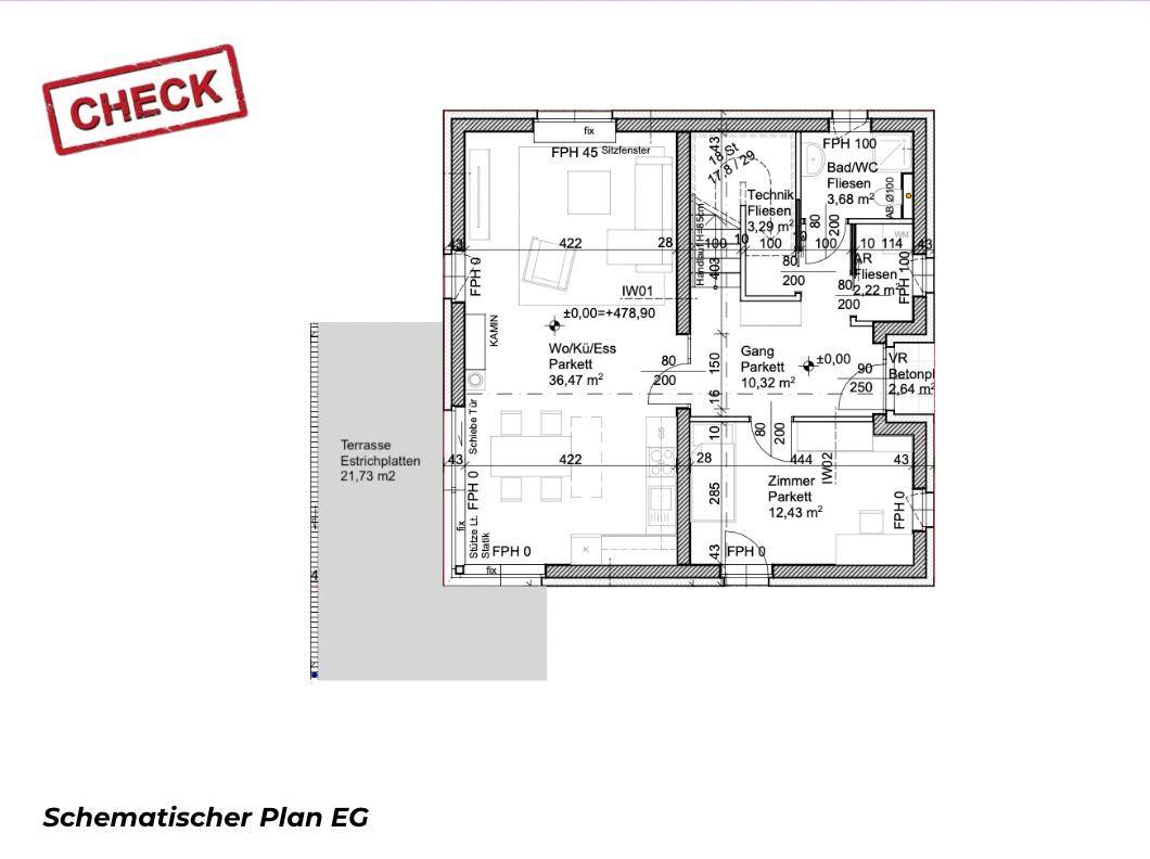 Grundriss des Erdgeschosses mit offenem Wohn-Essbereich, Küche, Zimmer und Terrasse.