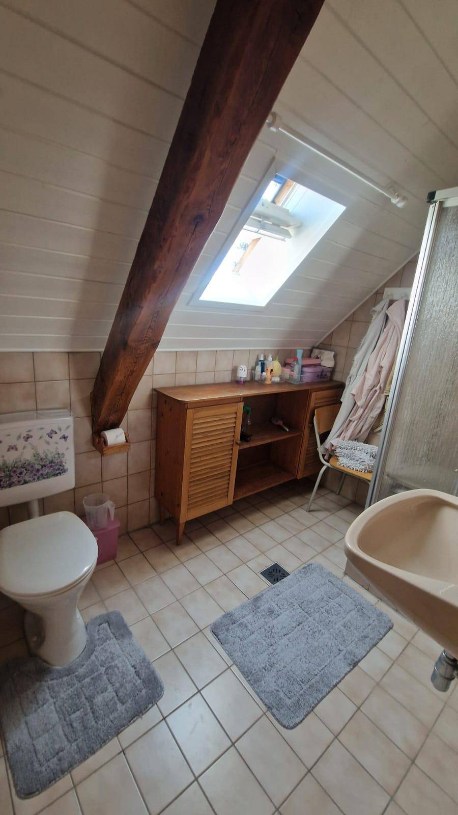Dachgeschoss-Badezimmer mit Dachfenster, Toilette, Waschbecken und Dusche unter schräger Decke.