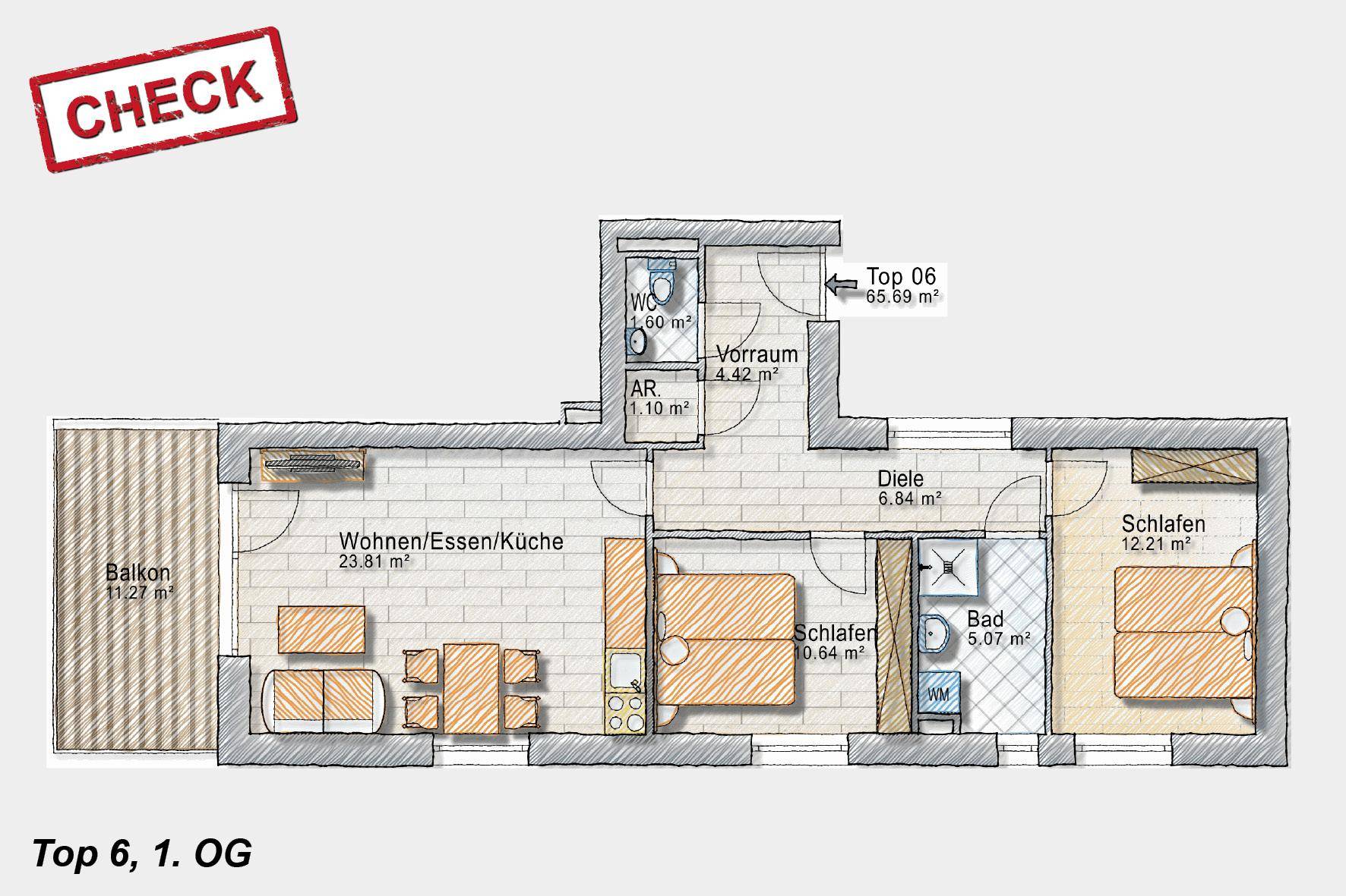 Grundriss der Wohnung Top 6 mit Balkon, offenem Wohnbereich und zwei Schlafzimmern.