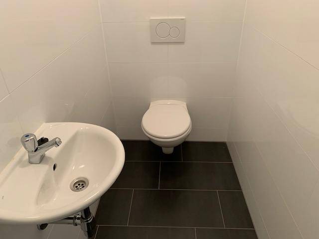 Separates WC mit wandhängender Toilette, kleinem Waschbecken und dunklen Fliesen.