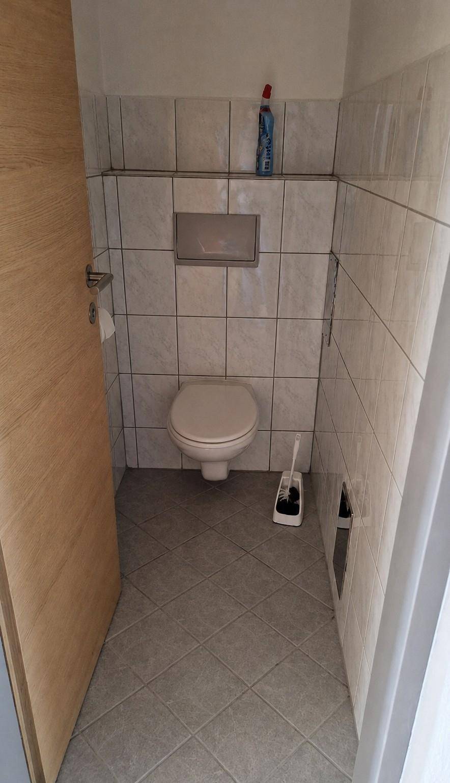 Separates WC mit Wandfliesen und Bodenfliesen, ausgestattet mit einer Toilette.