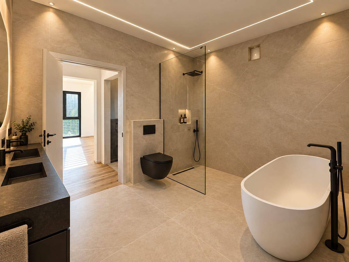 Luxuriöses Badezimmer mit freistehender Badewanne, begehbarer Dusche und Doppelwaschbecken.