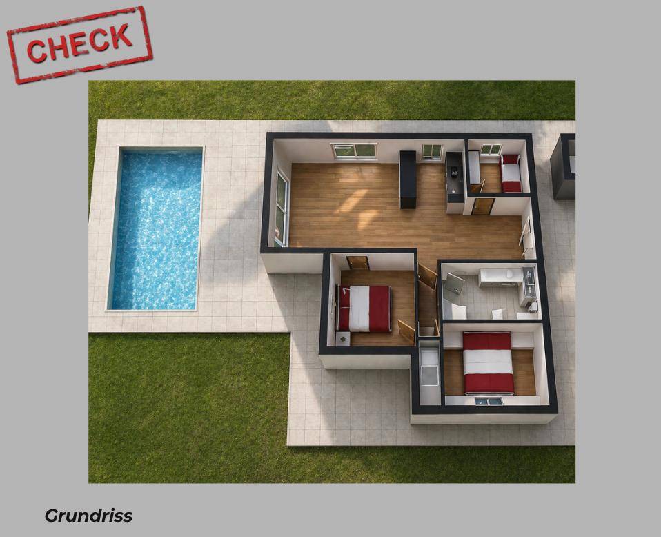 3D-Grundriss des Bungalows mit offenem Wohnbereich, Schlafzimmern und Außenpool.
