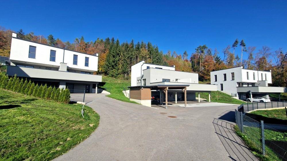 Mehrere moderne Einfamilienhäuser mit Carports auf einem grünen Hang in ländlicher Umgebung.