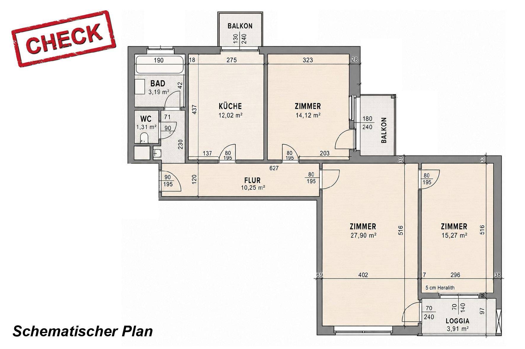 Schematischer Grundrissplan der Wohnung mit Raumaufteilung und Balkonen.