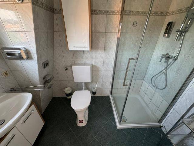 Badezimmer mit grauen Fliesen, Duschkabine, Toilette und Einzelwaschbecken.