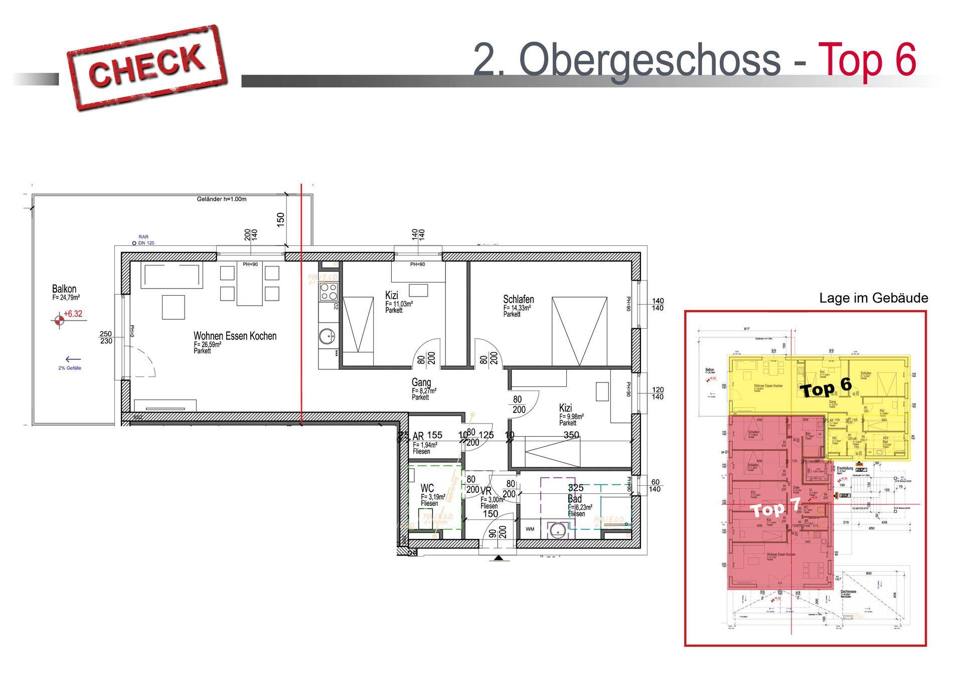 Grundriss für Top 6 im zweiten Obergeschoss mit offenem Wohnbereich und Balkon.