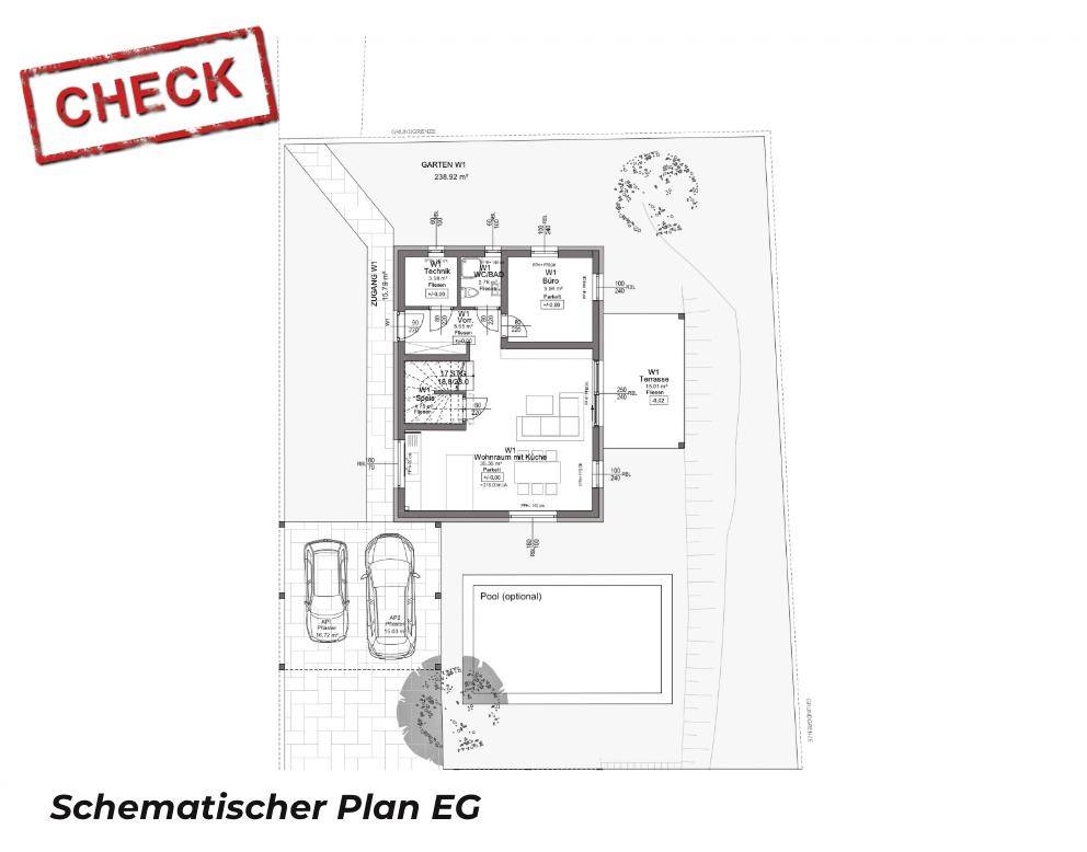 Grundriss des Erdgeschosses mit Garten, Terrasse, optionalem Pool und Parkplätzen.