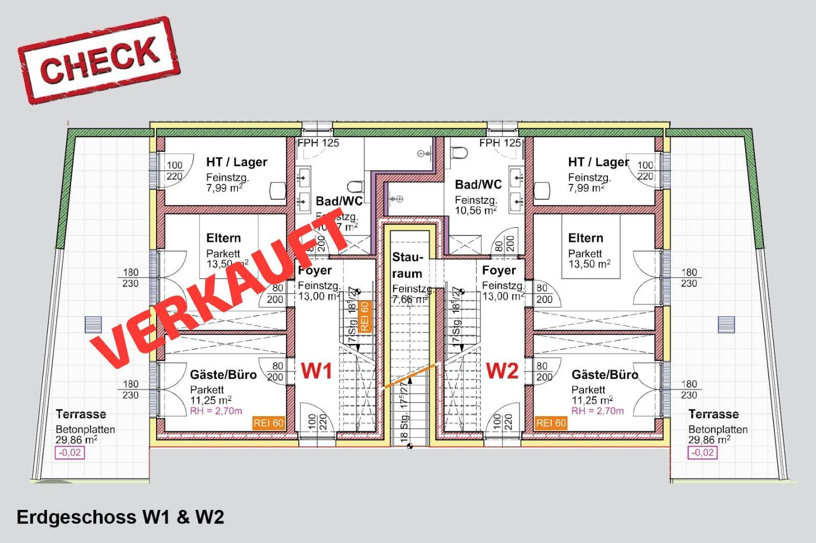 Grundriss des Erdgeschosses mit zwei Wohneinheiten, Terrassen und verschiedenen Räumen.