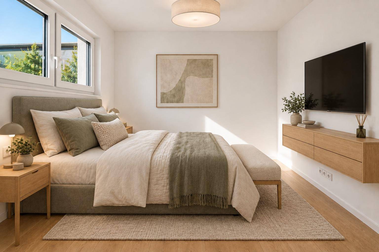 Gemütliches Schlafzimmer mit Doppelbett, Wandfernseher und Fenster für viel Tageslicht.