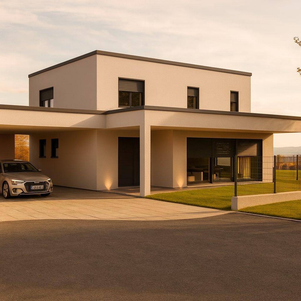 Ansicht der modernen Neubau-Doppelhaushälfte mit Carport und gepflegtem Vorgarten.