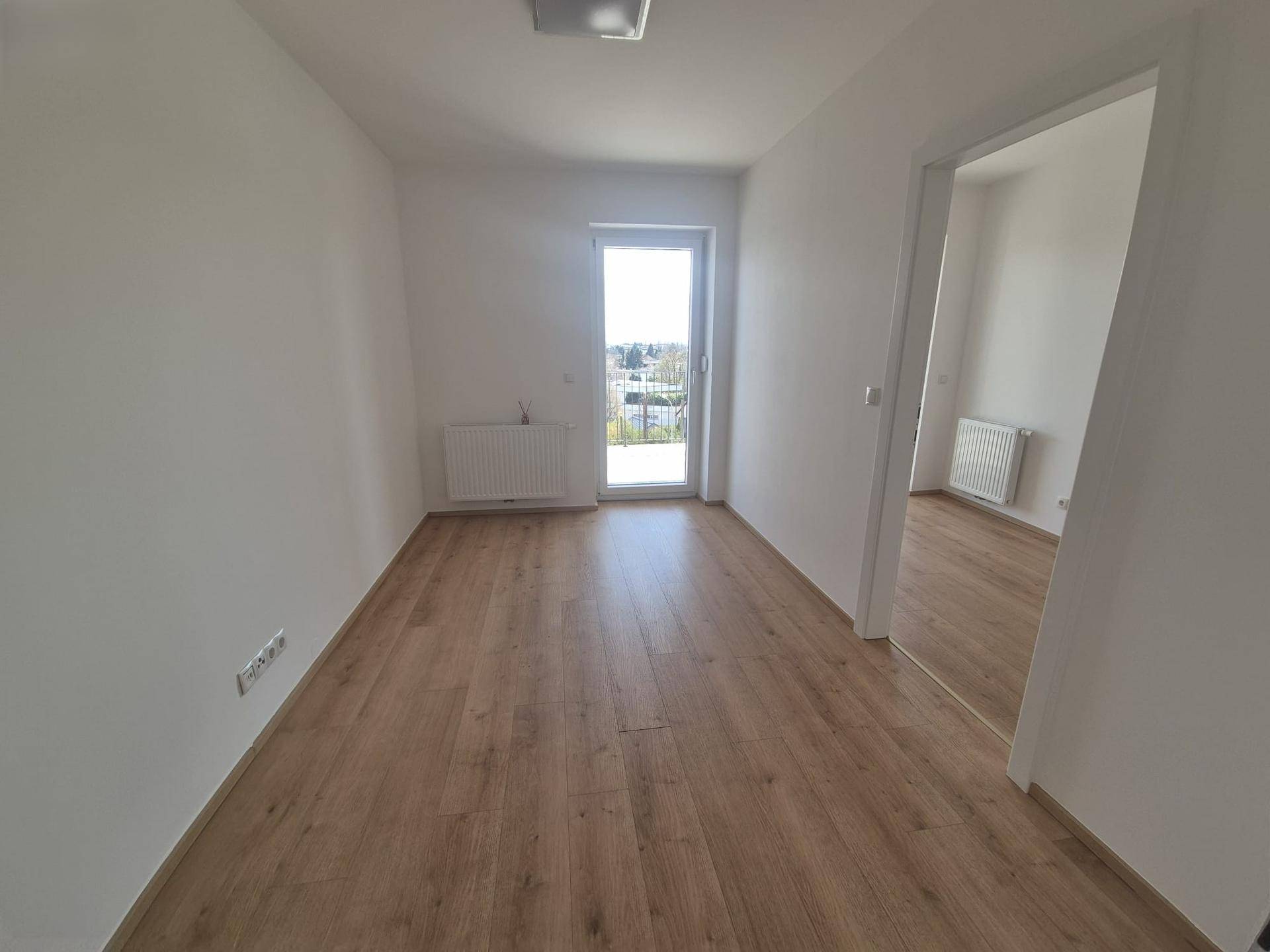 Heller Flur mit Laminatboden, der zu weiteren Räumen führt und Tageslicht hereinlässt.