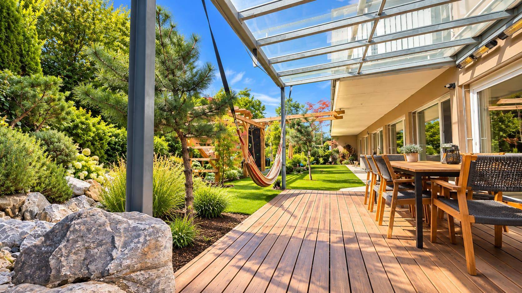 Geräumige Holzterrasse mit modernem Glasdach, Essbereich und Hängematte, umgeben von üppigem Grün.