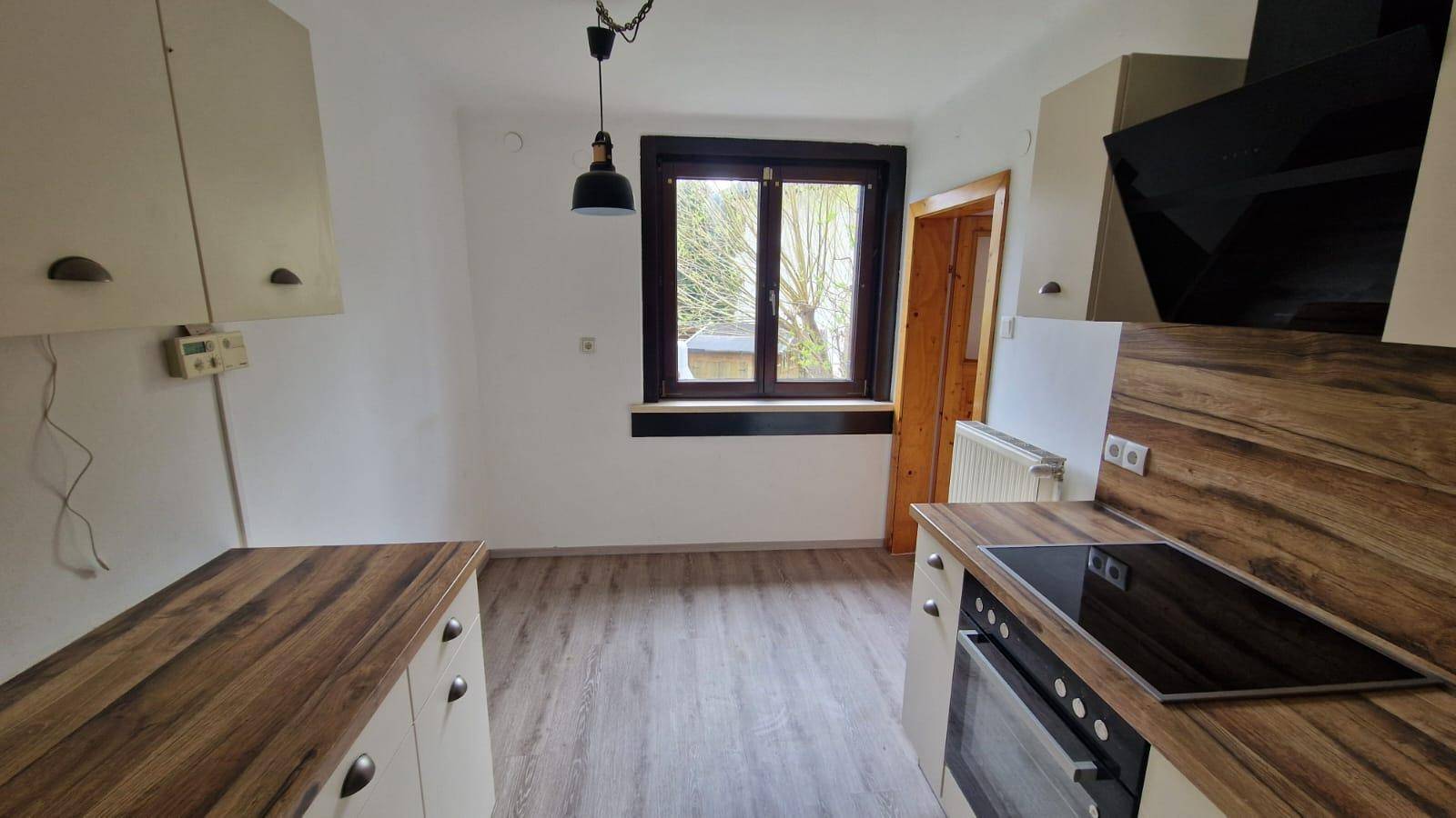 Helle Küche mit Fensterblick, Induktionskochfeld und Holz-Arbeitsplatten.