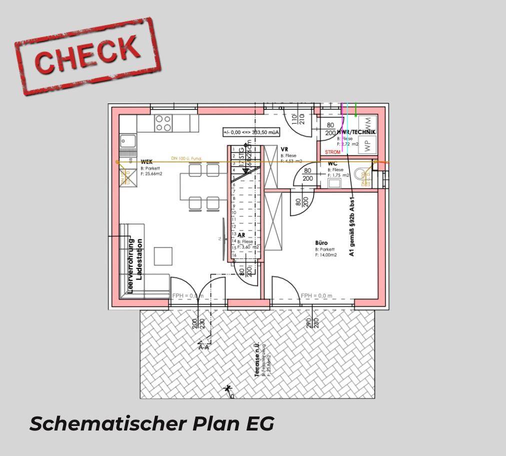 Schematischer Grundriss des Erdgeschosses mit offener Küche, Wohnbereich, Büro und Terrasse.