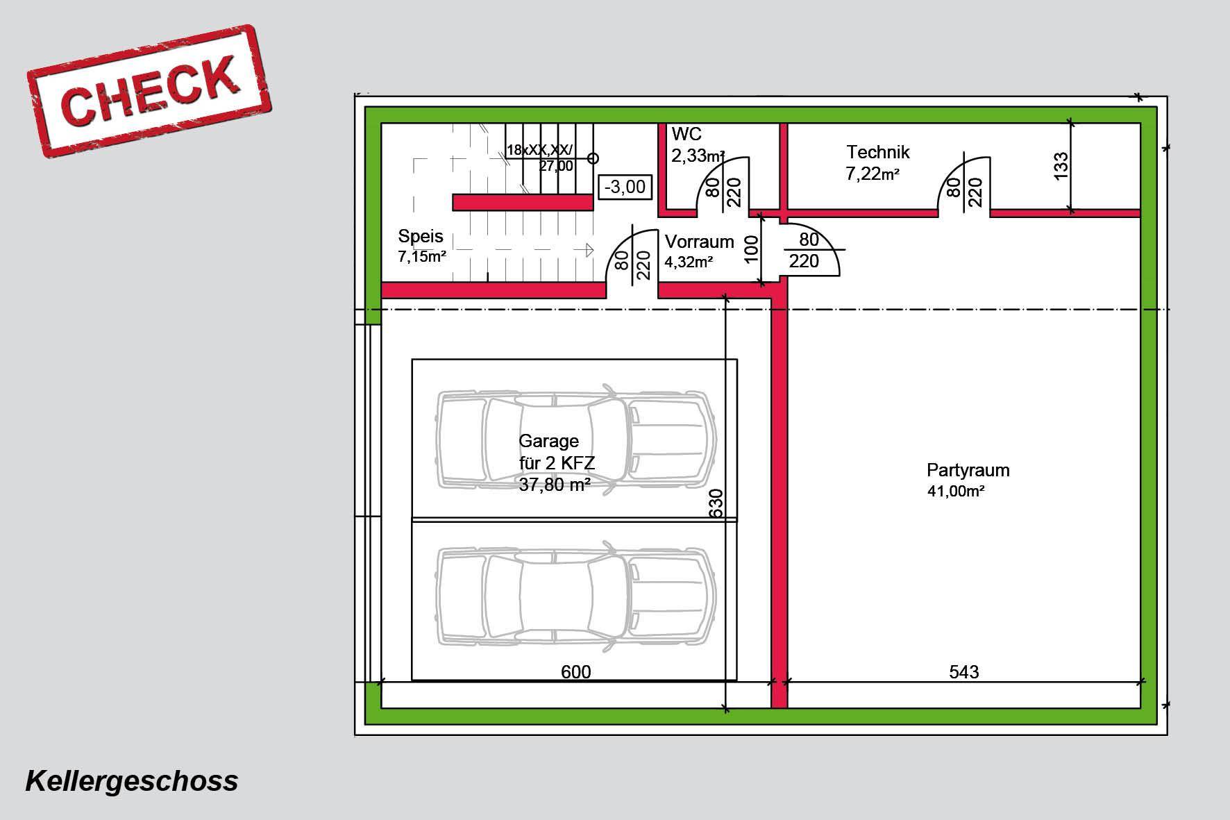 Grundriss des Kellergeschosses mit Doppelgarage, Partyraum, WC und Technikraum.