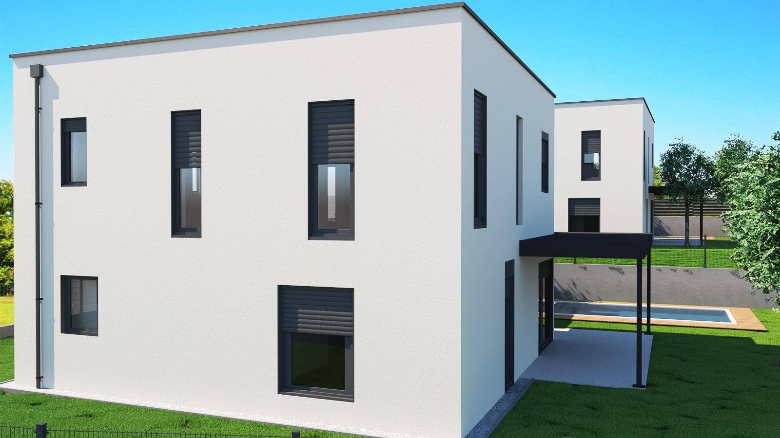 Rückansicht eines modernen Hauses mit minimalistischem Design und kleinem Pool im Gartenbereich.
