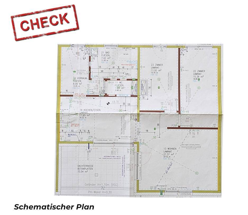 Schematischer Grundriss der Wohnung mit Raumaufteilung und Terrassenbereich.