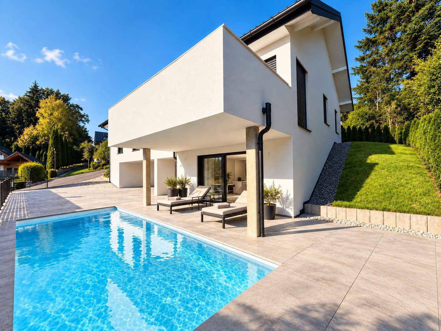 Elegantes, modernes Haus mit großem Swimmingpool und Sonnenterrasse, eingebettet in grüne Umgebung.